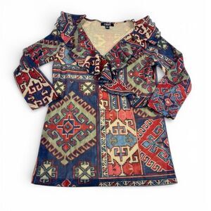 Chaps Blouse Southwestern Aztec Tribal Boho Ruffled V-Neck 3/4 Sleeve Shirt M